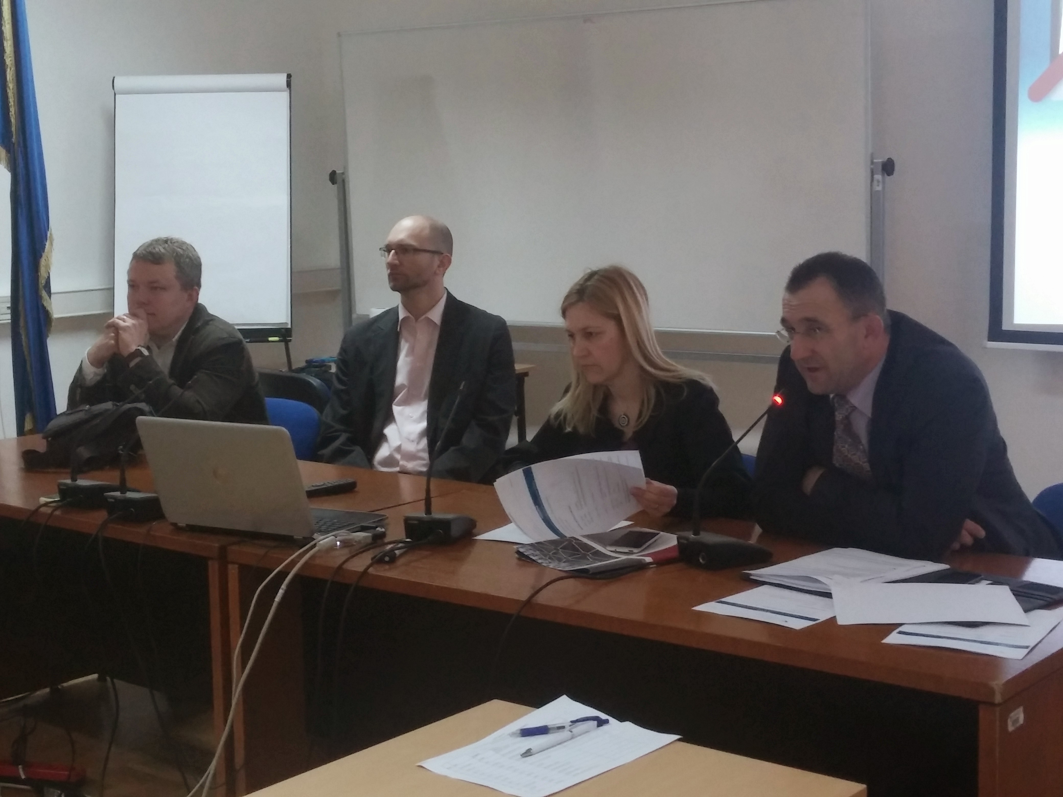 The picture shows V. Cetl, T. Ciceli, Lj. Marić and V. Majetić during his welcome speech in front of 35 workshop participants.